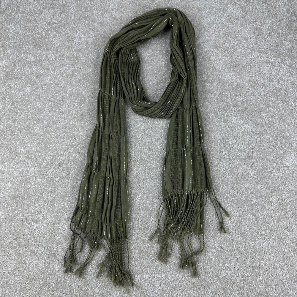 Olive Green Metallic Stripe Textured Scarf Boho Fringe Tassel Shimmer Earthy OS